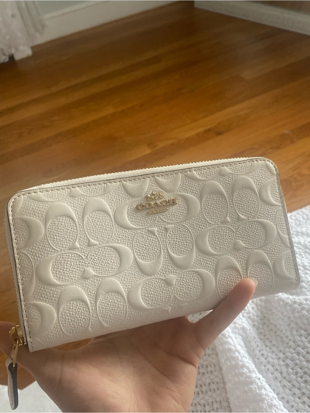 Coach Cream Signature Embossed Zip Wallet with Gold Hardware